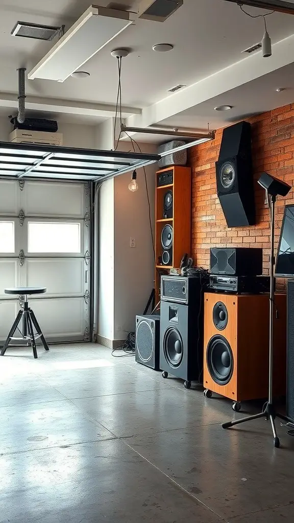 23 Stylish Garage Lounge Ideas You’ll Love 17 Sound system setup in a garage lounge with wooden speakers and a cozy atmosphere.