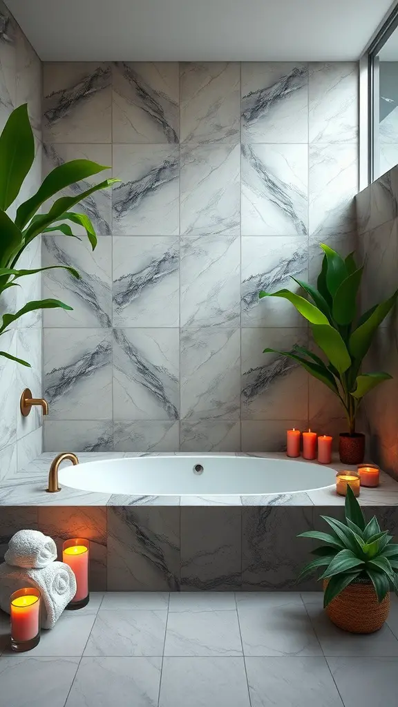 A luxurious bathroom featuring a marble tub, lit candles, and green plants.