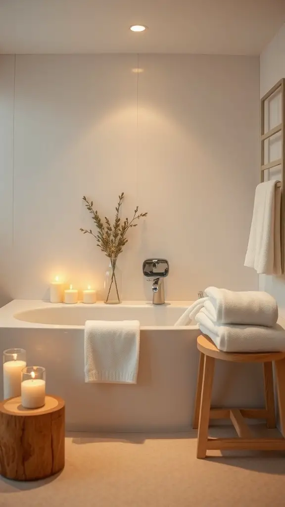 A serene bathroom featuring a large bathtub, lit candles, a vase of greenery, and fluffy towels.