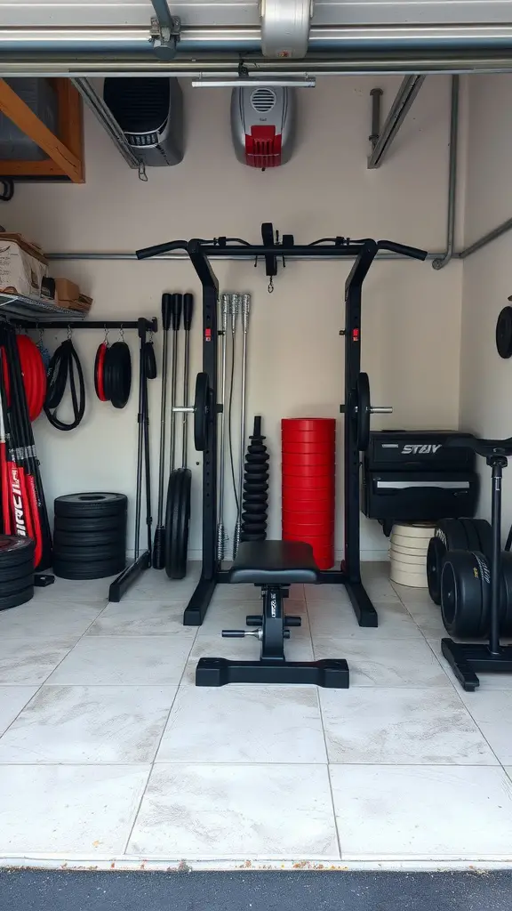 21 Inspiring Garage Gym Ideas for Your Home Workout Space 2 A compact garage gym featuring a squat rack, bench, and organized weight plates.