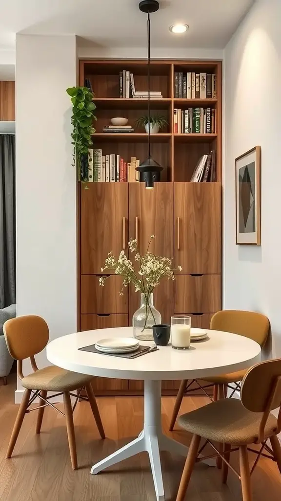 23 Creative Round Dining Table Ideas for Your Home 17 A modern round dining table in a cozy apartment setting with four chairs, a pendant light, and decorative elements in the background.