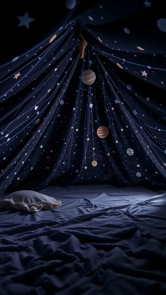 23 Creative Blanket Fort Ideas for Ultimate Cozy Fun 7 A cozy blanket fort with dark fabric resembling a night sky, adorned with stars and planets hanging from above.