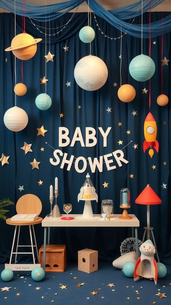 25 Creative Baby Shower Themes for September Celebrations 16 A space explorer themed baby shower setup with planets, stars, and a rocket, featuring a 'BABY SHOWER' sign.