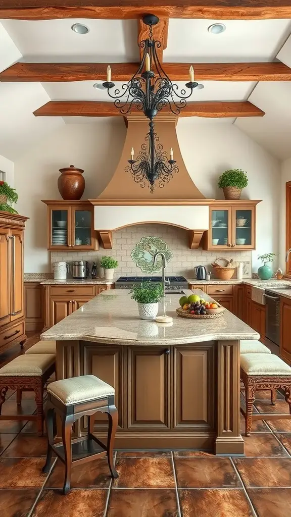 A spacious kitchen featuring a central island with seating and warm wooden cabinetry.