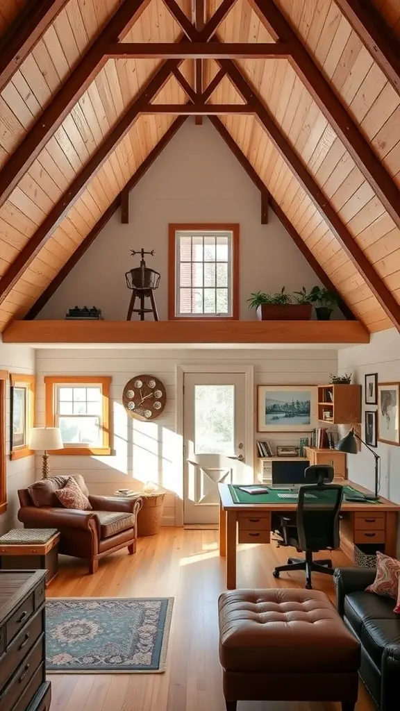 Cozy loft area in a farmhouse with natural wood elements.