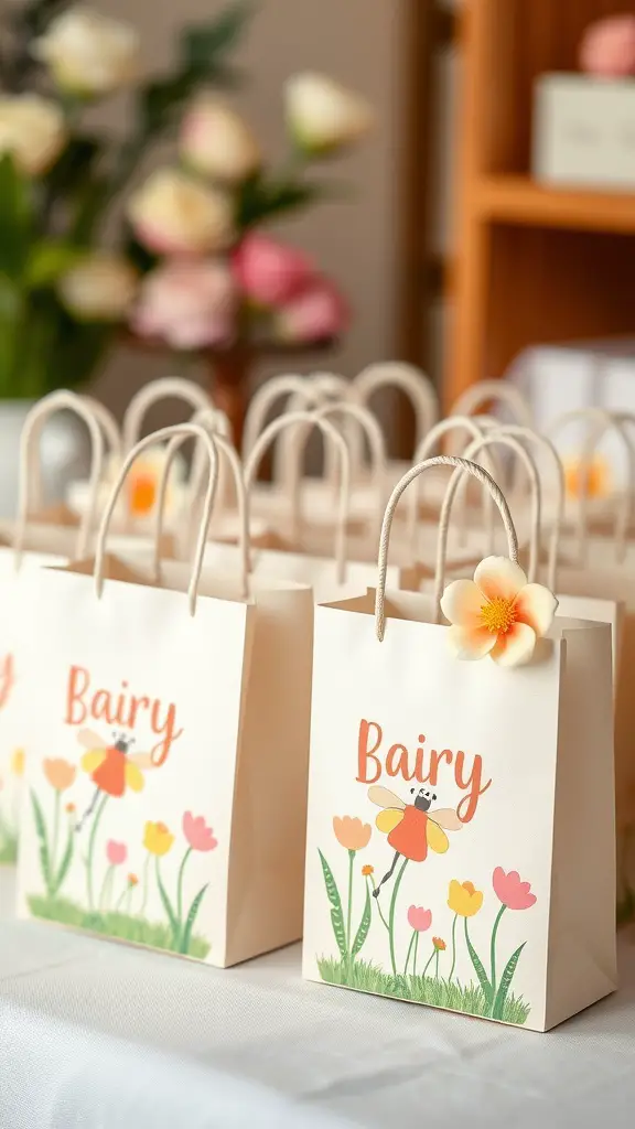Charming fairy garden favor bags with floral designs on a table