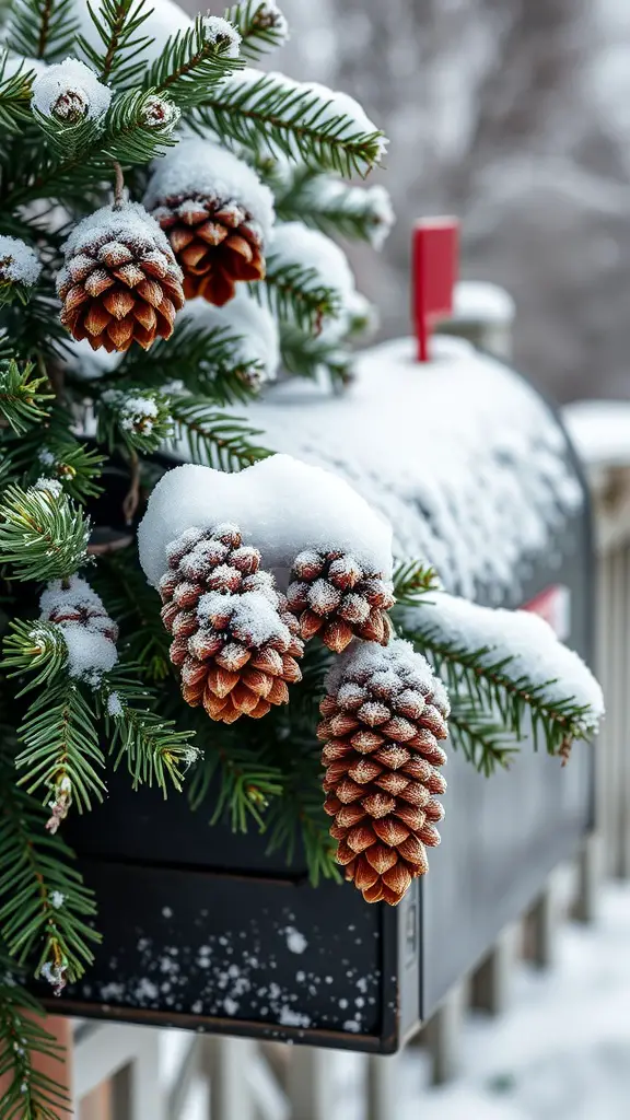 A mailbox decorated with frosted pine cones and snow-covered greenery.
