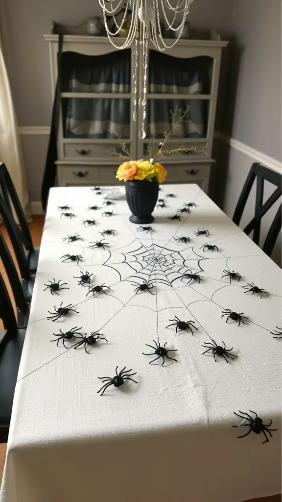 A table decorated with a spider web table runner and plastic spiders.