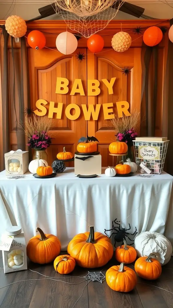 19 Creative Halloween Baby Shower Ideas to Spook Up Your Celebration 17 A Halloween-themed baby shower gift table with pumpkins, decorations, and a banner