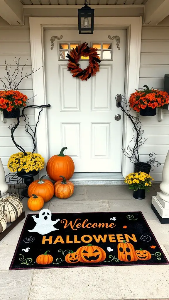 A Halloween-themed floor mat saying 'Welcome Halloween' with a ghost and pumpkins, placed at an entrance surrounded by decorative pumpkins and flowers.