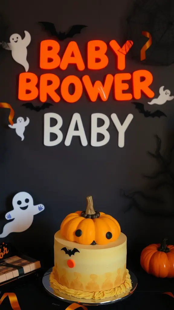 A baby shower setup with Halloween decorations, featuring a cake topped with a pumpkin and surrounded by bats and ghosts.