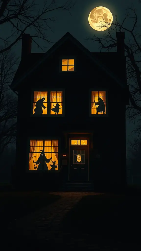 A house at night with spooky silhouettes in its windows, illuminated by a warm orange glow and a full moon overhead.