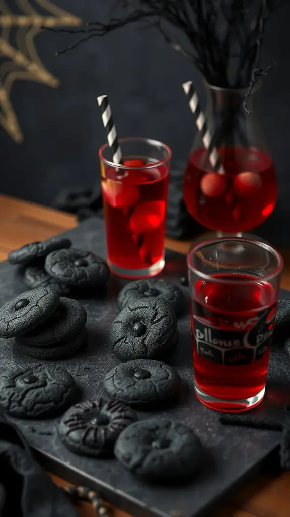 21 Spooktacular Goth Baby Shower Ideas You’ll Love 9 A goth-themed snack table featuring black cookies and red drinks.