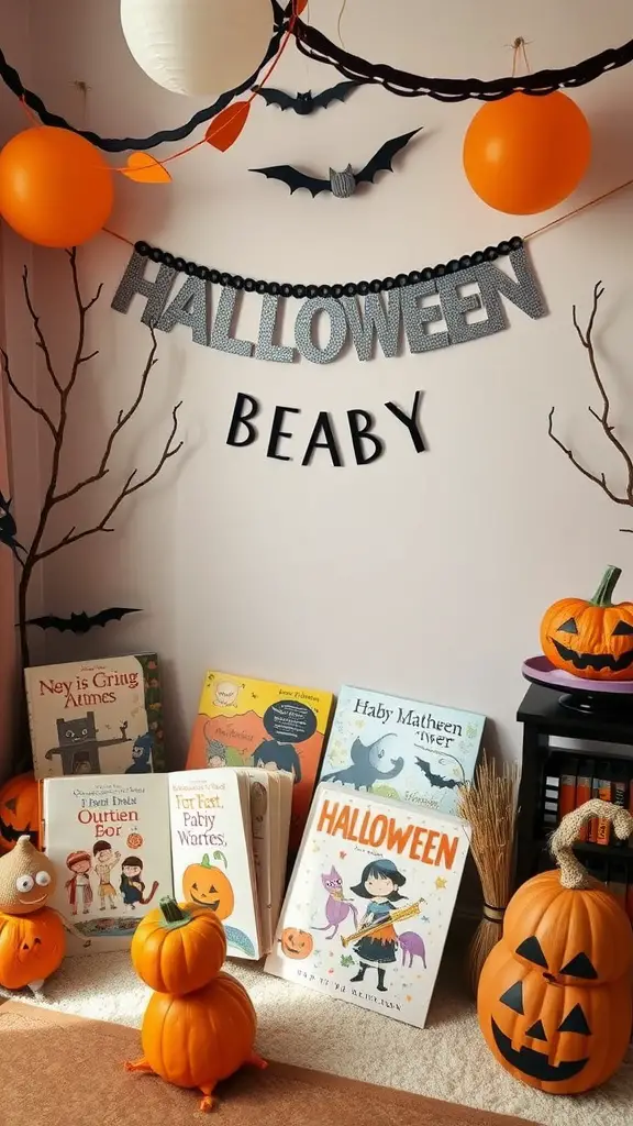 19 Creative Halloween Baby Shower Ideas to Spook Up Your Celebration 11 A decorated corner for a Halloween baby shower, featuring a banner, pumpkins, and children's books.