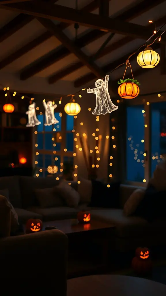 A cozy room decorated with spooky string lights featuring ghost shapes, colorful lanterns, and carved pumpkins.