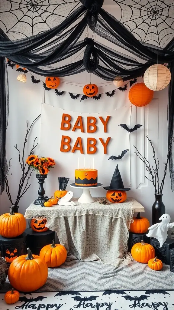 19 Creative Halloween Baby Shower Ideas to Spook Up Your Celebration 8 Spooky Halloween-themed baby shower decorations with pumpkins, bats, and a cake.