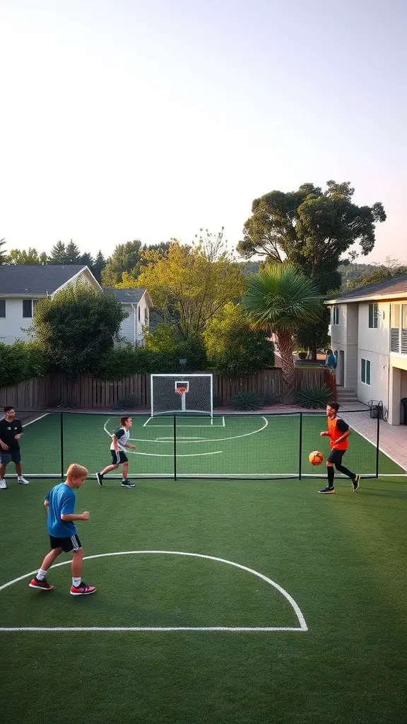 19 Stunning Large Backyard Layout Ideas to Transform Your Outdoor Space 14 Kids playing soccer in a backyard sporting facility with goals and green turf.