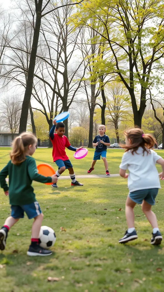 13 Fun Park Birthday Party Ideas for an Unforgettable Celebration 7 Children playing frisbee and soccer in a park during a birthday celebration.