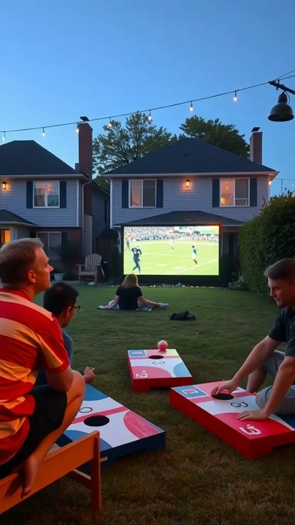 15 Creative Outdoor Movie Night Ideas for Unforgettable Evenings 16 Friends enjoying a sports movie night with outdoor games in a backyard setting