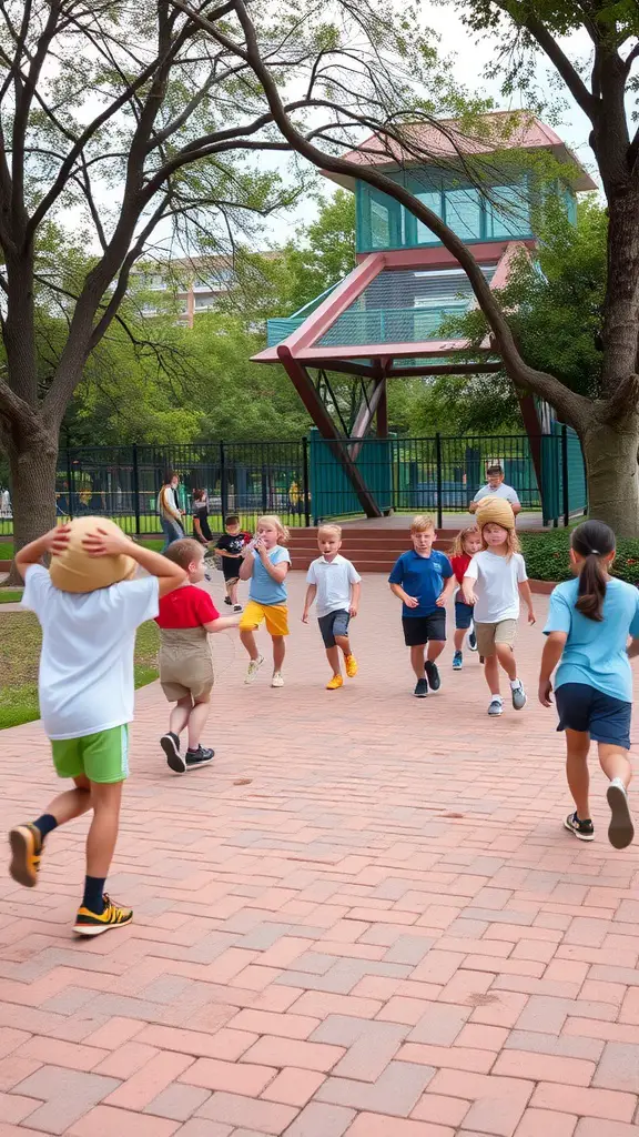 19 Fun Outdoor Birthday Party Ideas for Kids 4 A group of children running a mini sports event outdoors, with trees and a modern structure in the background.