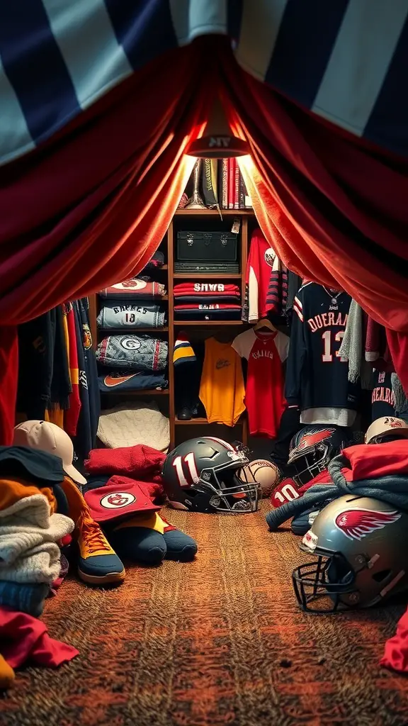 23 Creative Blanket Fort Ideas for Ultimate Cozy Fun 13 A cozy blanket fort featuring sports team gear and colorful blankets.