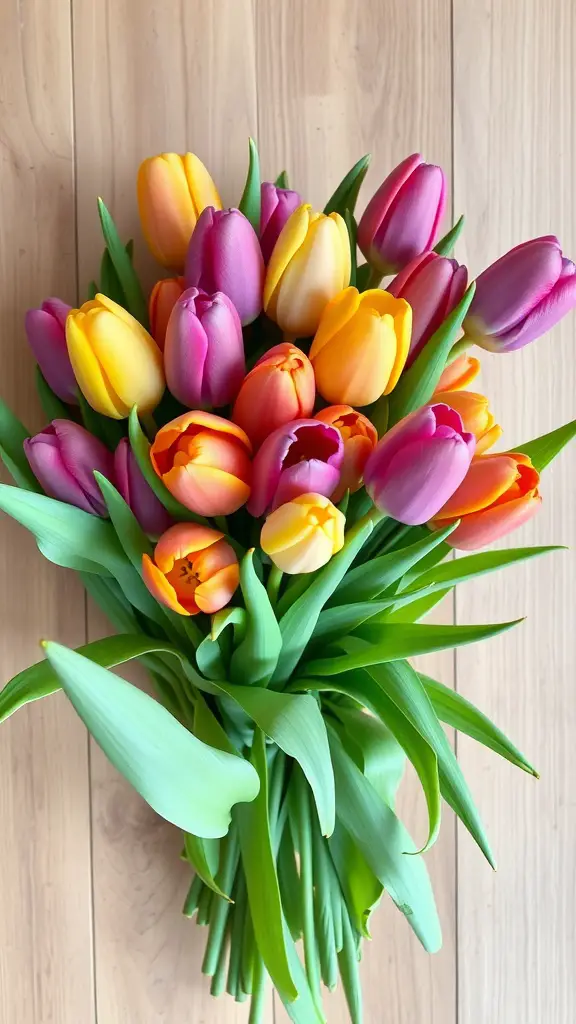 21 Stunning Flower Bouquet Ideas for Every Occasion 17 A vibrant bouquet of mixed tulips in shades of yellow, pink, and orange, surrounded by fresh green leaves.