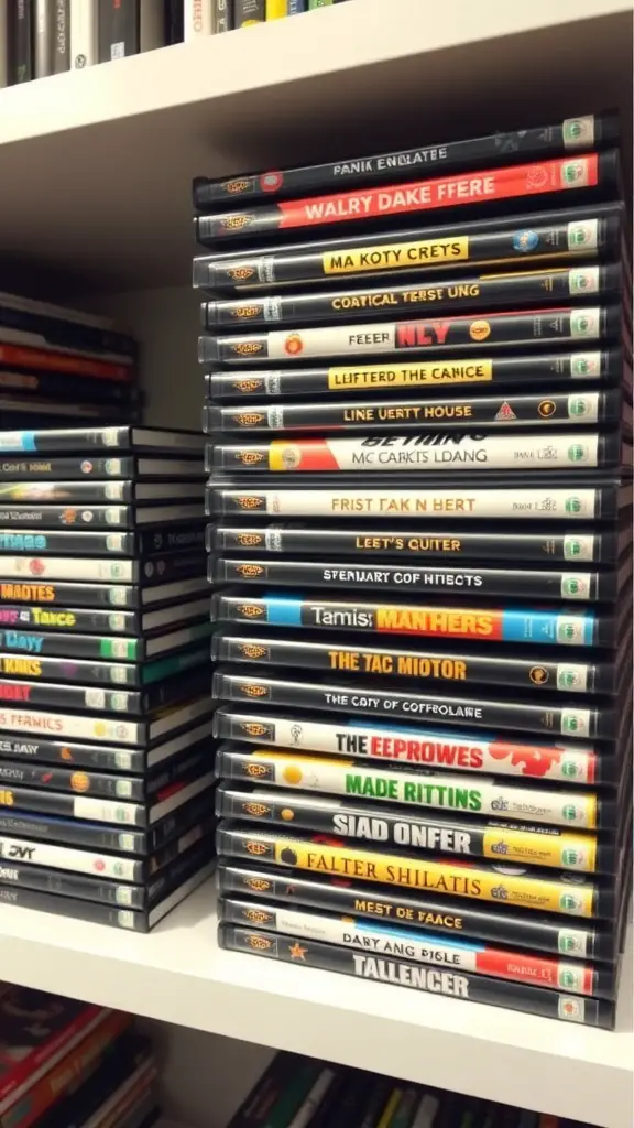 21 Creative DVD Storage Solutions for an Organized Home 17 Image showing a variety of DVDs neatly stacked in holders on a shelf.
