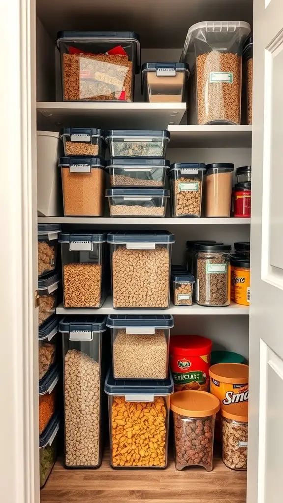 17 Genius Storage Solutions for Small Kitchens 13 Organized pantry with stackable storage containers filled with various grains and snacks.