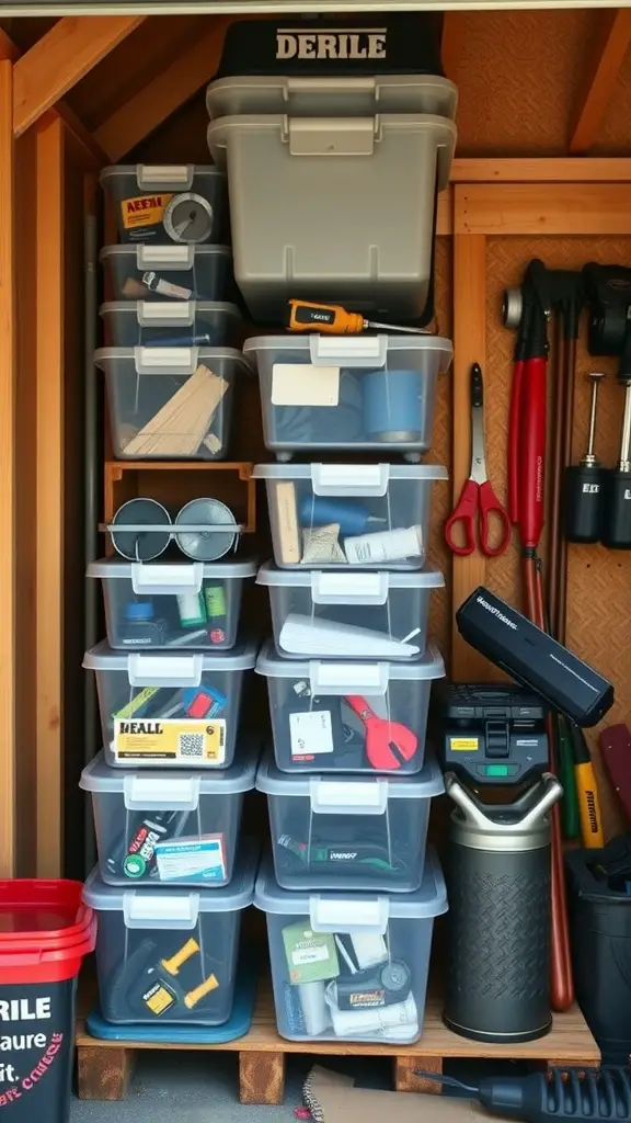 23 Genius Shed Organization Tips for Small Spaces 11 Organized stackable storage bins in a small shed.
