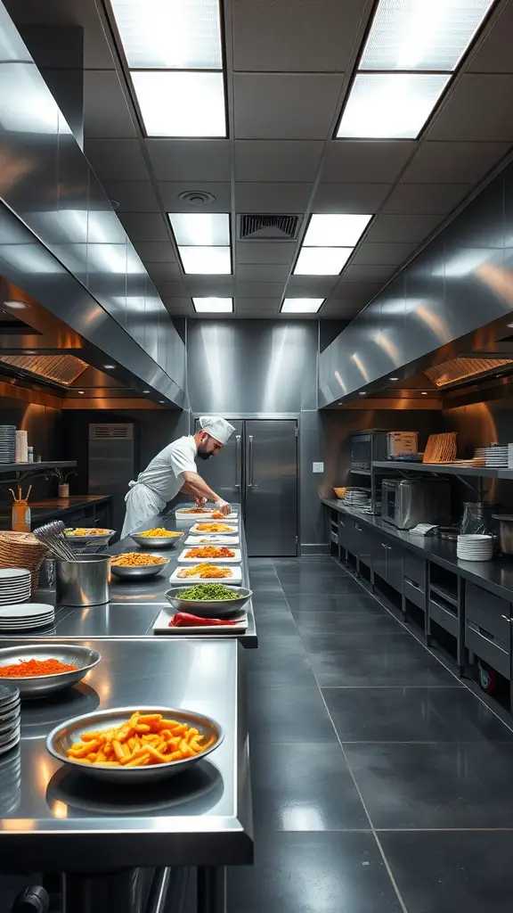 A chef preparing dishes in a professional kitchen with stainless steel workstations.