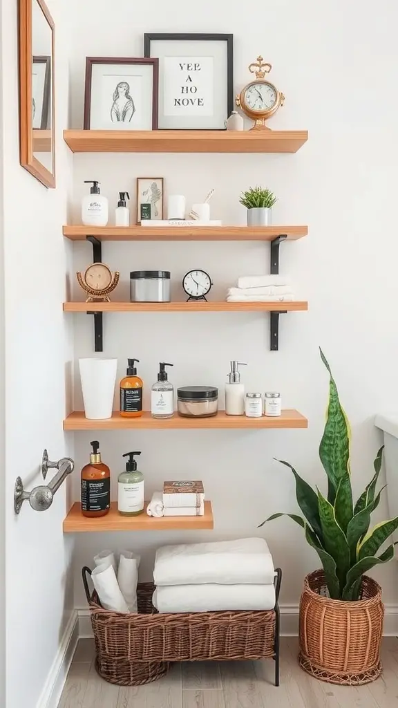 A stair-step shelf displaying bathroom essentials like lotions, a clock, and a plant, with baskets for additional storage.