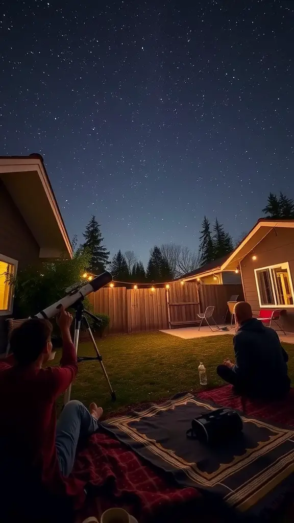 Two people stargazing in a backyard with a telescope under a starry sky