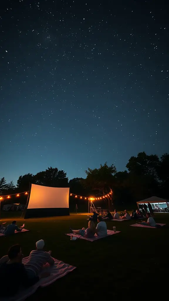 15 Creative Outdoor Movie Night Ideas for Unforgettable Evenings 7 Outdoor movie screening with a starry sky and people sitting on blankets.