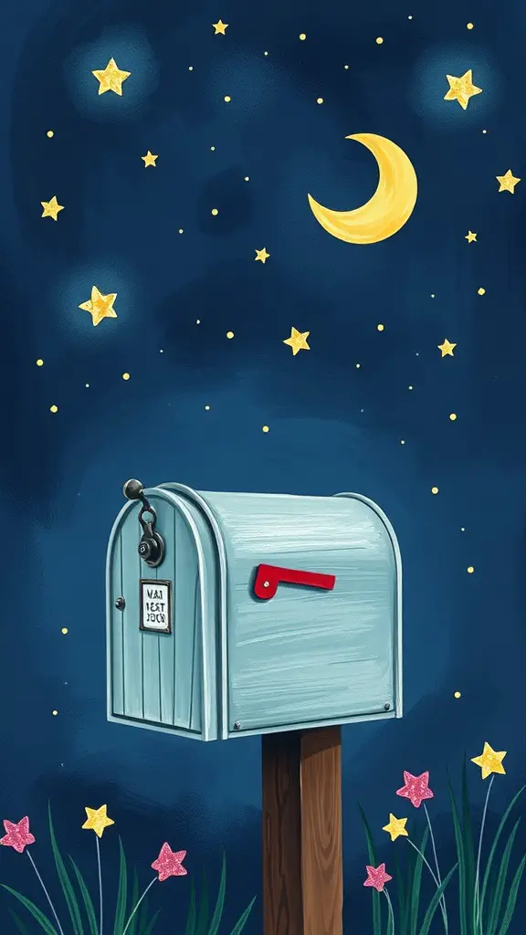 A mailbox decorated with a starry night theme, featuring a crescent moon and colorful flowers.