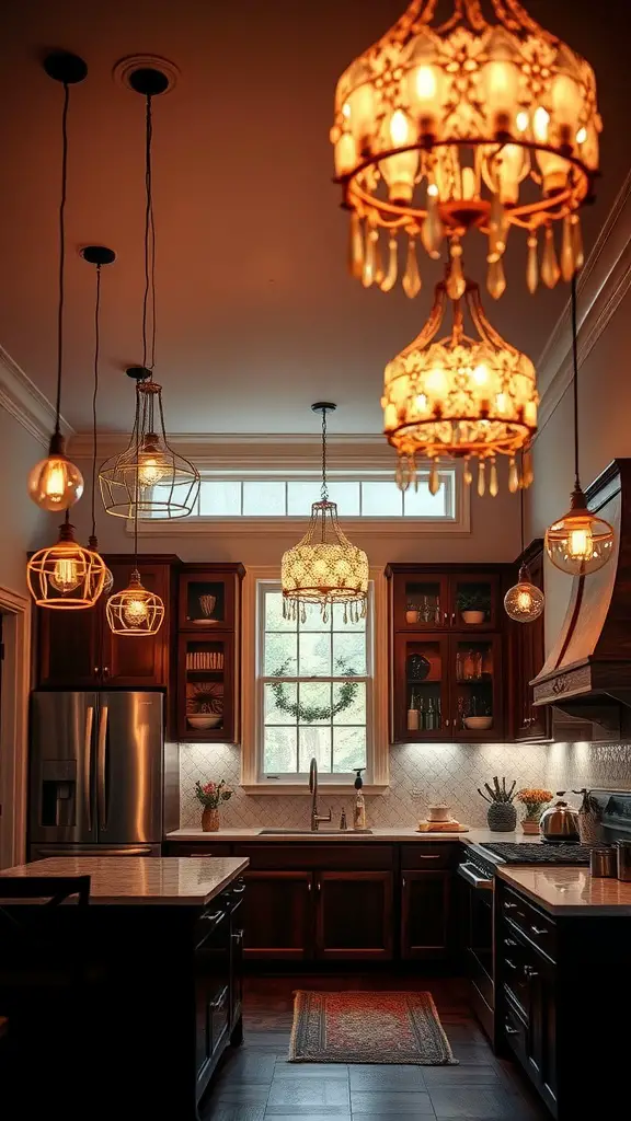 23 Stunning Modern Kitchen Ideas You Need to See 2 A modern kitchen featuring a variety of statement lighting fixtures hanging from the ceiling, creating a warm and inviting atmosphere.
