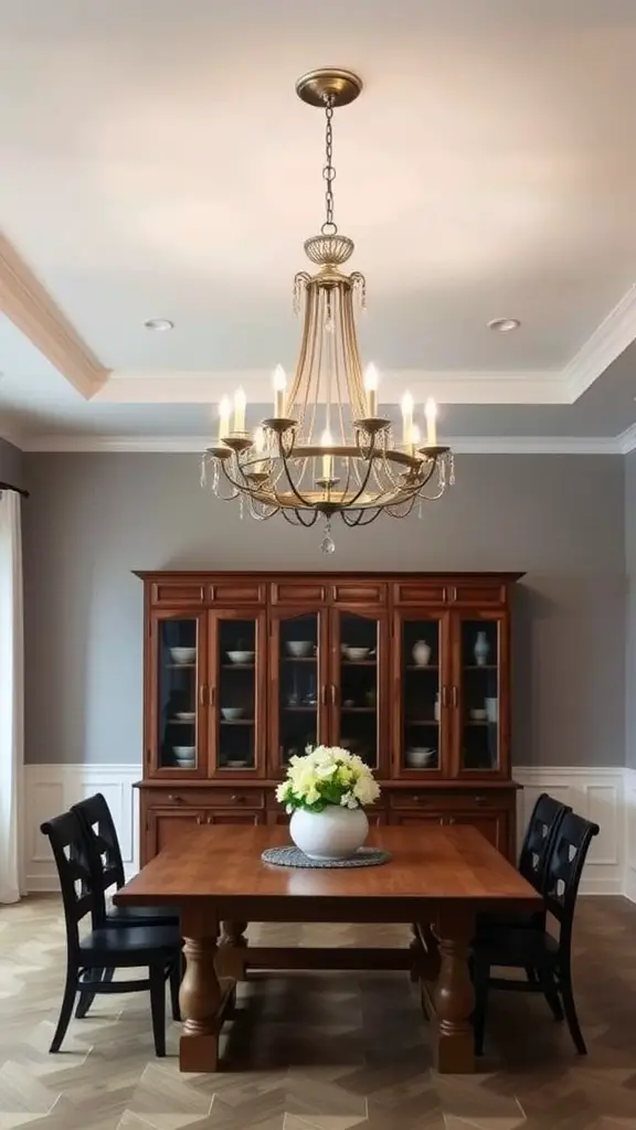 19 Stunning Modern Farmhouse Dining Room Ideas You’ll Love 5 A modern farmhouse dining room with a chandelier above a wooden table and black chairs, featuring a display cabinet.