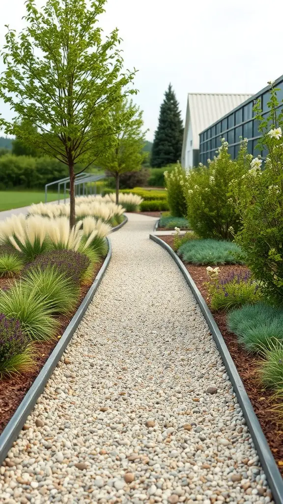21 Stunning Pathway Landscaping Ideas to Enhance Your Outdoor Space 13 A modern pathway bordered by steel edges, surrounded by greenery and flowers.