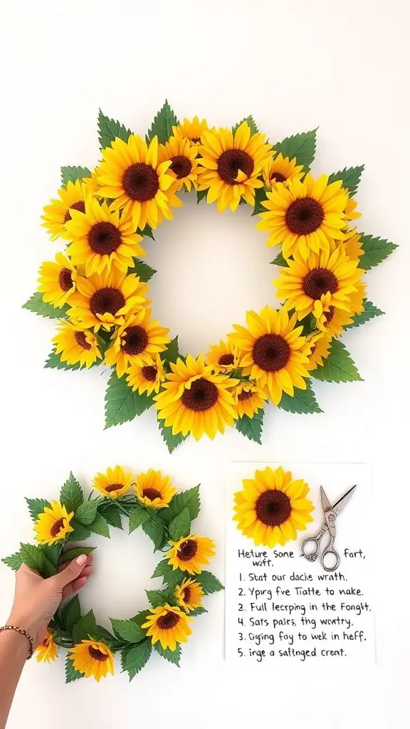 A step-by-step guide for creating a sunflower wreath with instructions and materials.