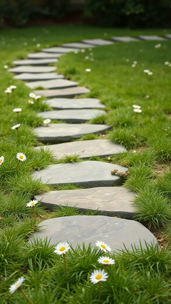 21 Stunning Pathway Landscaping Ideas to Enhance Your Outdoor Space 16 A winding stepping stone pathway through green grass with daisies