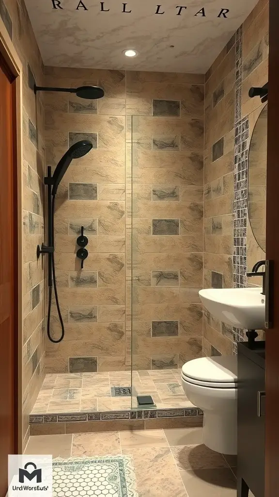 Small bathroom with a combination of stone and tile, featuring a glass shower enclosure and modern fixtures.