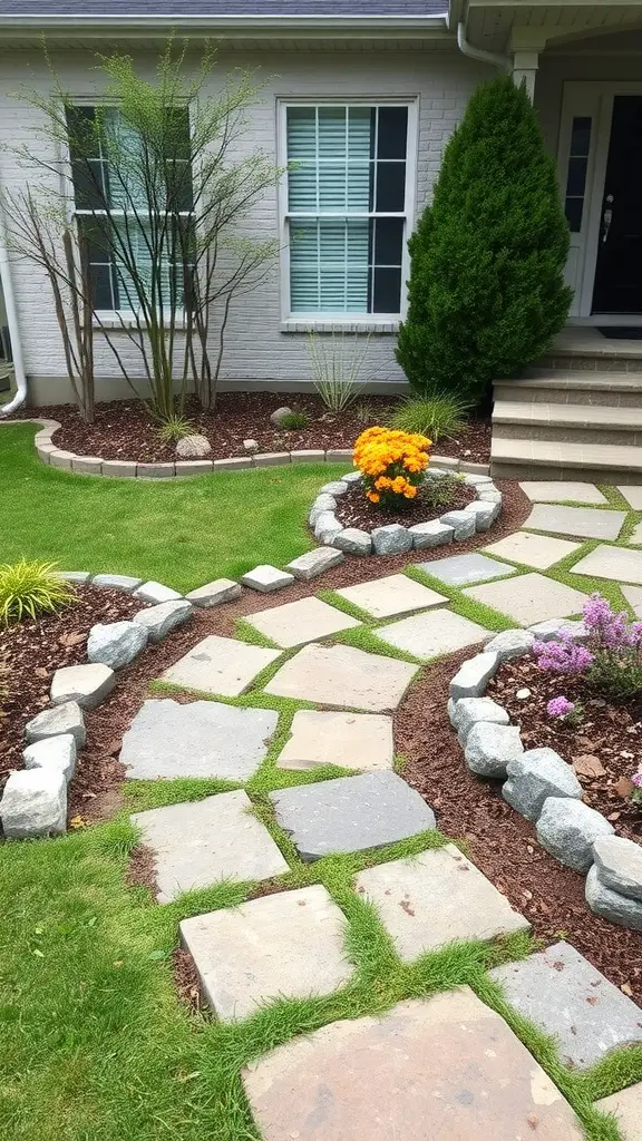 19 Stunning Small Front Yard Landscaping Ideas 10 A front yard with a stone pathway and flower beds bordered by stones.