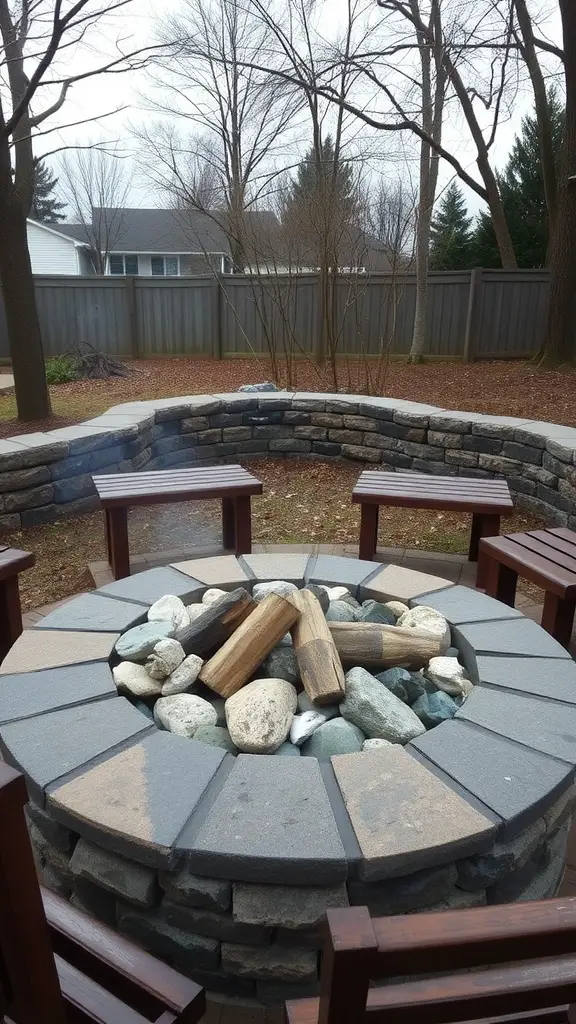 A stone fire pit surrounded by wooden benches and natural stones.