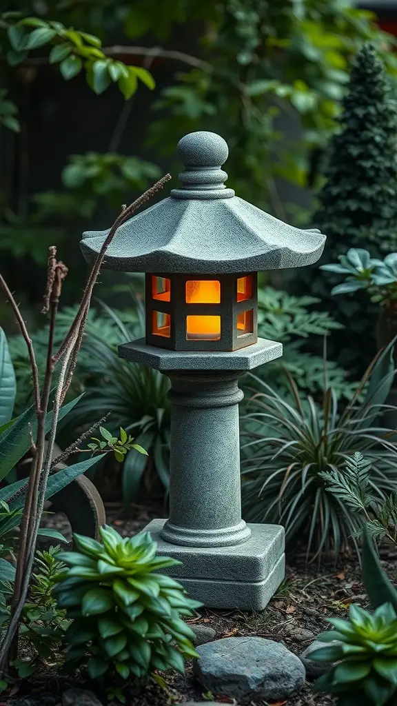 A stone lantern surrounded by lush greenery in a zen garden.