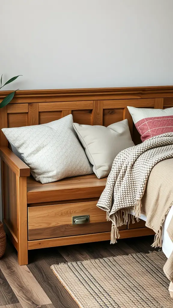 A cozy wooden storage bench with cushions next to a bed, featuring a drawer for storage.