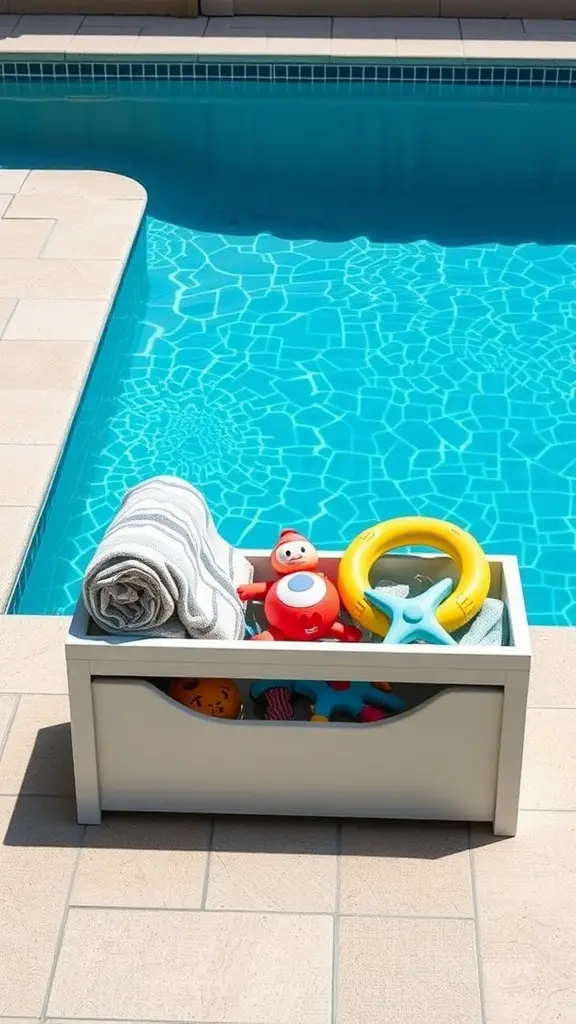 21 Creative Pool Storage Ideas You Need This Summer 4 A stylish storage bench with towels and pool toys beside a sparkling pool.