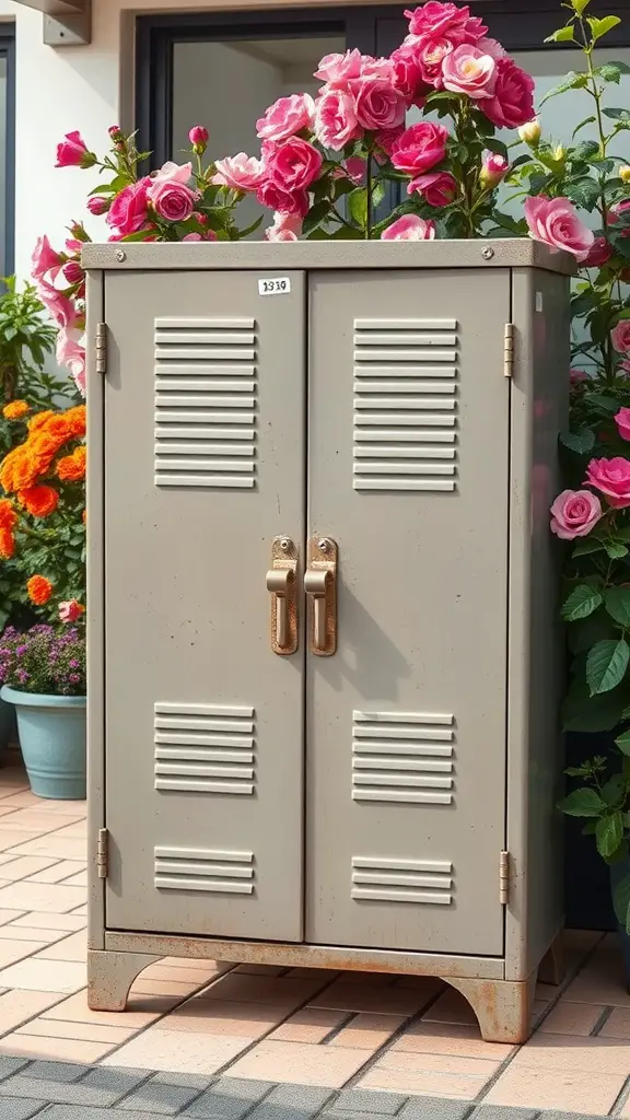A gray storage cabinet with lockable doors surrounded by colorful flowers.