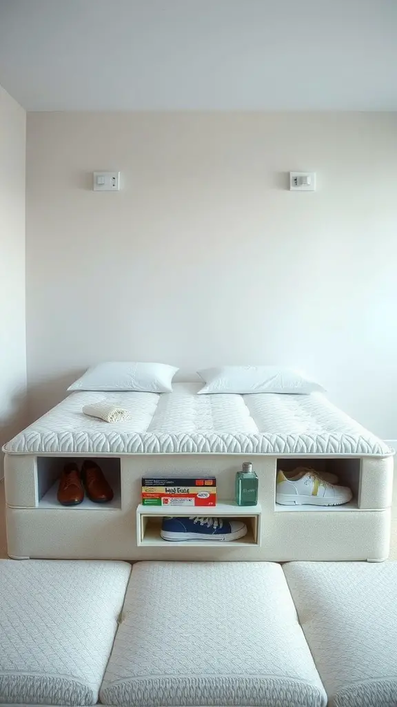 A mattress with hidden storage compartments showcasing shoes, a book, and other items.