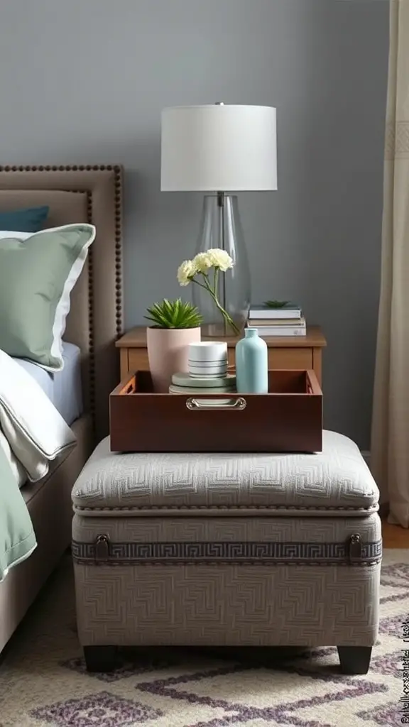19 Creative Nightstand Ideas to Elevate Your Bedroom Decor 16 A cozy bedroom featuring a stylish storage ottoman used as a nightstand, decorated with a lamp, plant, and wooden tray.