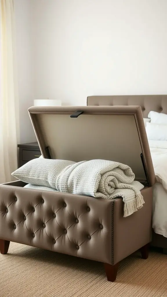 A tufted storage ottoman at the foot of a bed with cozy blankets on top.