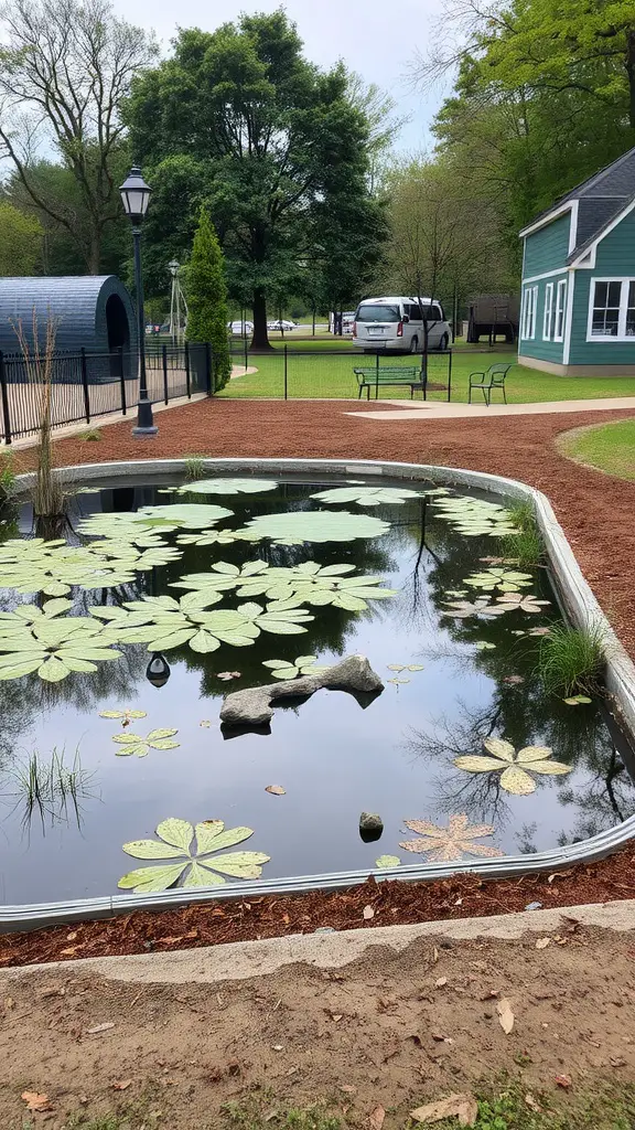 23 Creative Rain Gutter Drainage Ideas for Your Home 11 A calm stormwater management pond surrounded by trees and benches.
